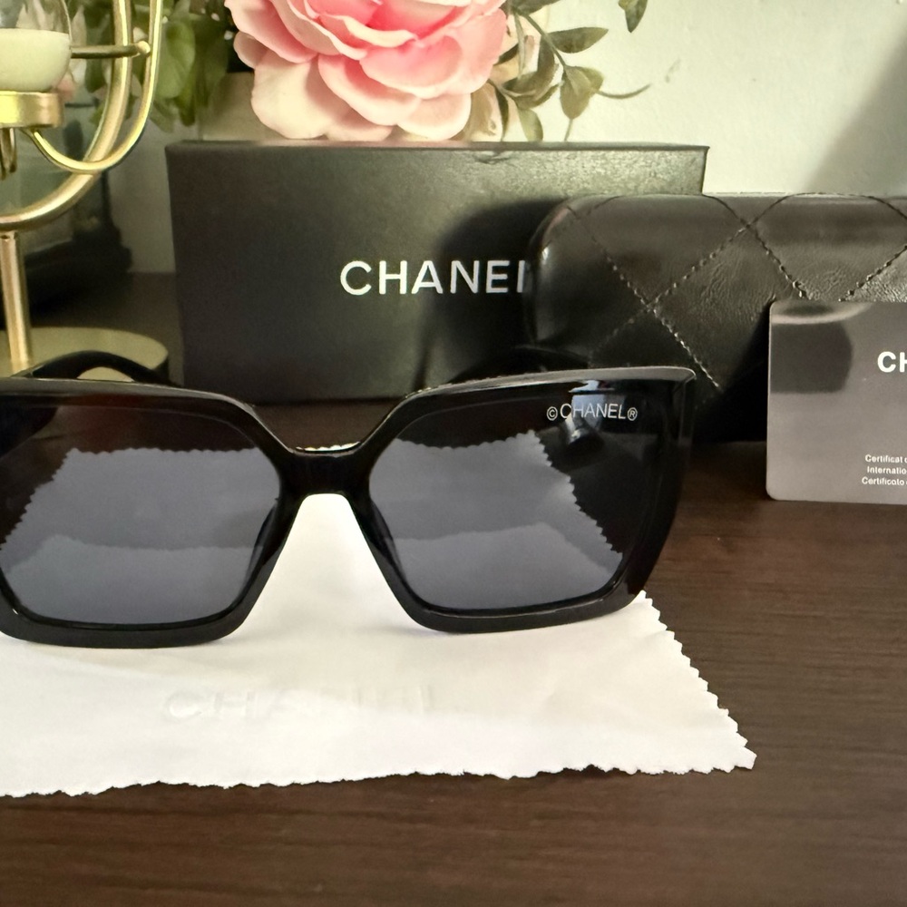 CHANEL Black Square Sunglasses with Dark Lenses